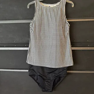 Photo of Lands’ End Size 8/M Black White Gingham High Neck/Waist Tankini Swim Set