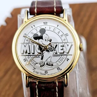 Photo of Vintage Disney Mickey Mouse 60 Year Wrist Watch Gold Tone Brown Leather Band