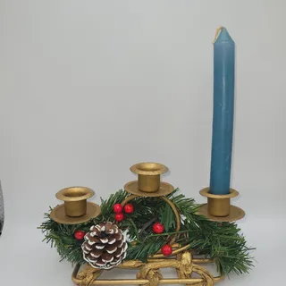 Photo of Gold-tone triple taper artificial pine needles frosted pinecone red berries