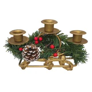 Photo of Gold-tone triple taper artificial pine needles frosted pinecone red berries