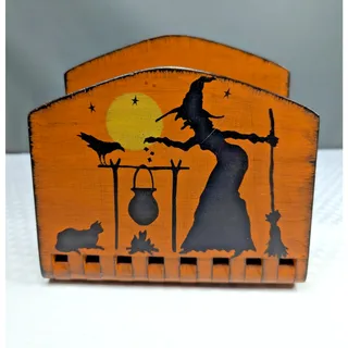 Photo of Halloween Witch Wooden Hinged Napkin Holder Hand-Painted Signed