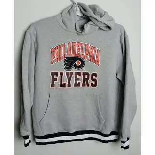 Photo of Vintage Philadelphia Flyers Hoodie Sweatshirt Lee Sport Gray Striped Trim Mens L