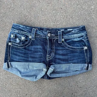 Photo of Y2K Miss Me Cutoff Roll Hem Bling Blue Jean Shorts Size 29 Upcycled READ