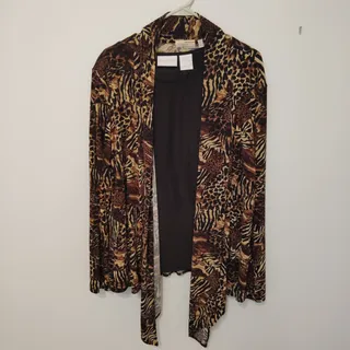 Photo of Elizabeth Williams Animal Print Cardigan, Black Tank Top & Pull-On Pants Set LRG