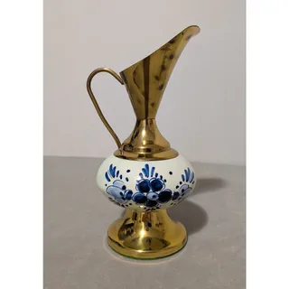 Photo of Vintage Blue Floral Delftware Brass Porcelain Pitcher Vase Holland Model # 2285