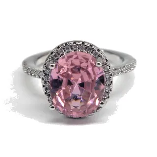 Photo of Sparkling Pink Glass Ring Surrounded by Tiny Prong Set Crystals • Silvertone Sz 6