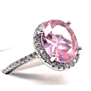 Photo of Sparkling Pink Glass Ring Surrounded by Tiny Prong Set Crystals • Silvertone Sz 6