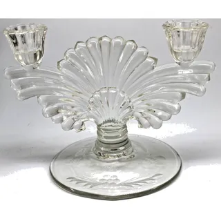 Photo of Vintage Art Deco Glass Double Two Candle Holder Elegant Centerpiece 1930s-5.75"