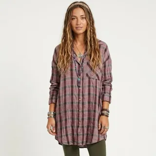 Photo of CUTLOOSE Women's XL Plaid Long Sleeve Shirtdress Maroon Burgundy Y2K Grunge