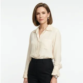 Photo of VINTAGE EQUIPMENT Women's The Original Silk Shirt Ruffle Detail Button Top Cream