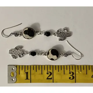 Photo of Silver Tone Black Tan Cow Hide Black Glass Cactus Dangle Earrings Handmade NEW