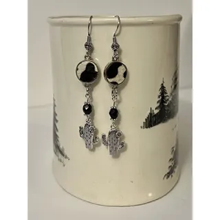 Photo of Silver Tone Black Tan Cow Hide Black Glass Cactus Dangle Earrings Handmade NEW