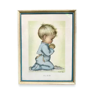 Photo of Vintage 1948 Charlotte Byj Bless Us All Praying Boy Framed Print 18.5”