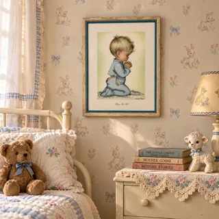 Photo of Vintage 1948 Charlotte Byj Bless Us All Praying Boy Framed Print 18.5”