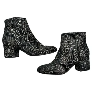 Photo of Aldo Sequin Gold Black Velvet Floral Brocade Block Heel Ankle Boots size 8.5