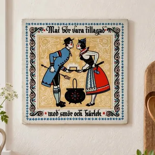 Photo of Vintage Swedish Folk Art Butter & Love Kitchen Wall Plaque Tile 6” Scandinavian