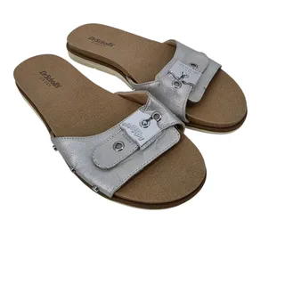 Photo of NWOT Dr. Scholl’s Silver Nice Iconic Faux Leather Buckle Slide On Sandals Size 7