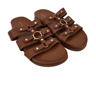 Photo of NWOT Marc Fisher LTD Brown Verity Leather Harness Strap Slide On Sandals Size 8