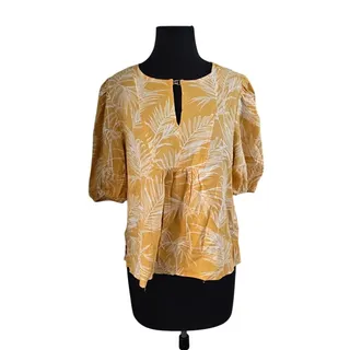 Photo of Sigrid Olsen Mustard/White Leaves Linen Blend Short Sleeve Tunic Top - M