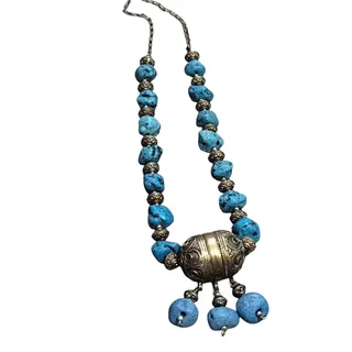 Photo of Chunky Moroccan Ethnic Turquoise Nugget And Metal Beaded Statement Necklace 24"
