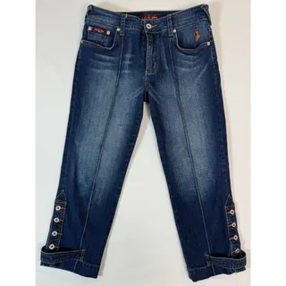 Photo of Vintage Y2K Baby Phat Capri Jeans Womens 7 Dark Wash Embroidered Cat Button Cuff