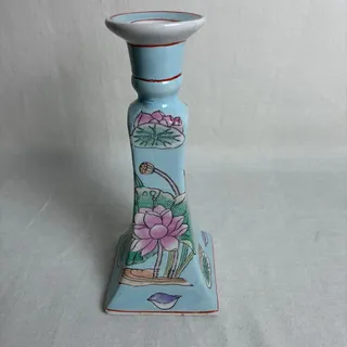 Photo of Vtg WBI Chinoiserie Porcelain Candlestick Blue Lotus Flower Candle Holder 8.5"