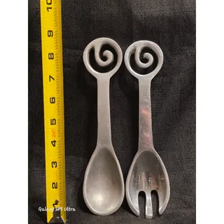 Photo of Vintage Cast Aluminum Salad Servers Spoon Fork Spiral Handle 9" MCM Set