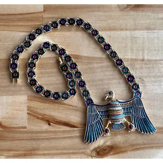 Photo of 1970s Egyptian Revival D’Orlan Enamel Eagle Bib Necklace with Multi-Colored Gemstones