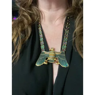 Photo of 1970s Egyptian Revival D’Orlan Enamel Eagle Bib Necklace with Multi-Colored Gemstones