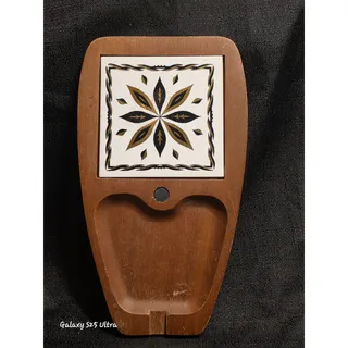 Photo of Vintage MCM Wood Cheese Board Ceramic Tile Magnetic Knife Holder Black Gold