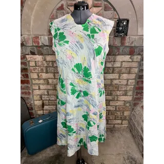 Photo of shift dress mod 1960's abstract floral metal zipper green pink yellow