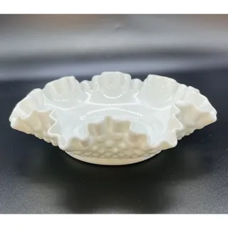 Photo of Vintage Fenton Milk Glass Hobnail Bowl with Ruffled Rim