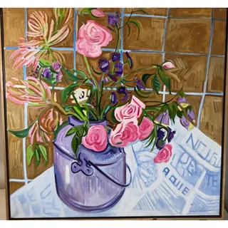 Photo of Original 1999 Mary E. Whelan Oil Painting Floral Still Life Milk Can Framed