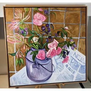 Photo of Original 1999 Mary E. Whelan Oil Painting Floral Still Life Milk Can Framed
