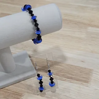Photo of Artisan Created Blue Bicolor & Black Glass Beaded Bracelet Earrings Jewelry Set