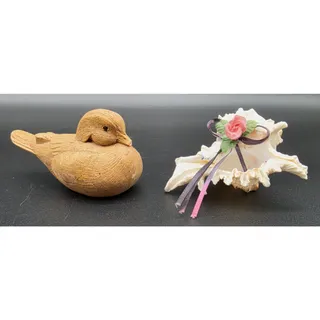 Photo of Vintage Faux Wood Resin Duck Figurine & Decorated Murex Seashell Pair