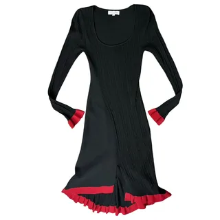 Photo of Esteban Cortazar Black Red Square Neck Knit Midi Long Sleeve Sweater Dress Sz S