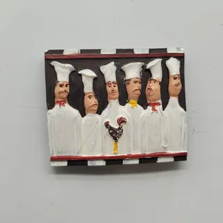 Photo of 3D Italian or French chefs posing alongside a rooster 2.25” x 2.25” approx.