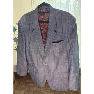 Photo of VTG Men 46R Luxury Slub Textured Wool Blazer Blue Pinstripe Paisley Lining