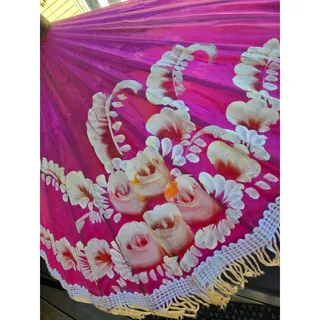 Photo of Vintage 1950s Pink Asian Paper Parasol Hand Painted Floral Bamboo White Fringe