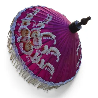 Photo of Vintage 1950s Pink Asian Paper Parasol Hand Painted Floral Bamboo White Fringe