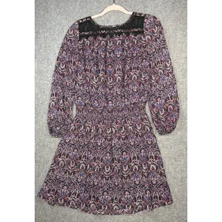 Photo of Joie Silk Paisley Lace Yoke Smocked Mini Dress Lined Black Blue Long Sleeve M