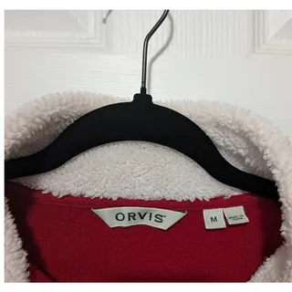 Photo of Orvis Red Black Plaid Fleece Snap Pullover Medium M Sherpa Lined Collar