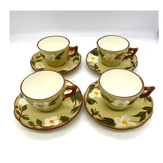 Photo of Vintage MCM Stangl White Dogwood Pattern Set of 4 Cups & Saucers Hand Painted