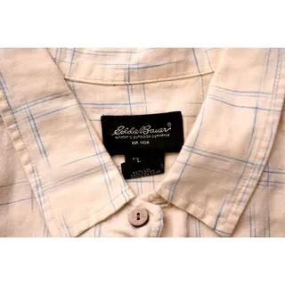 Photo of Eddie Bauer Men’s Large Short Sleeve Button Up Shirt Blue Plaid 100% Cotton