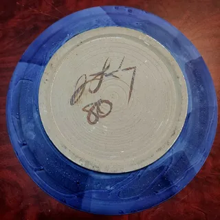 Photo of Vintage 1980 Studio Art Pottery 16" Blue Ceramic Plate Signed by Unknown Artist