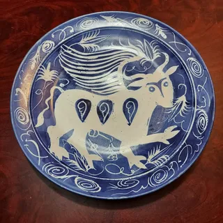 Photo of Vintage 1980 Studio Art Pottery 16" Blue Ceramic Plate Signed by Unknown Artist