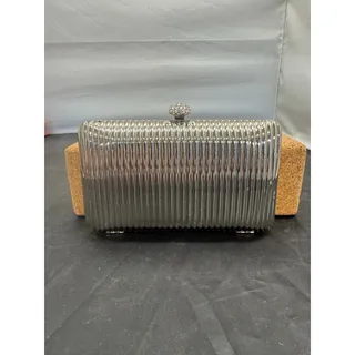 Photo of Vintage Silver Metallic Ridged Evening Clutch Bag Rhinestone Clasp Box Purse
