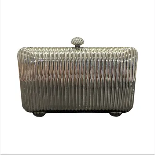 Photo of Vintage Silver Metallic Ridged Evening Clutch Bag Rhinestone Clasp Box Purse