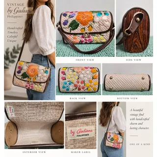 Photo of Vintage 1960s Cabana Raffia Floral Wood Shoulder Bag